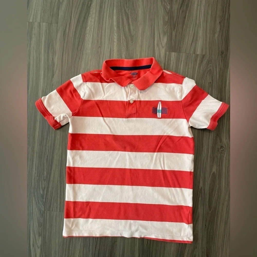 Old Navy Big Boys RedOrange and White Striped Polo Shirt size L 10/12
